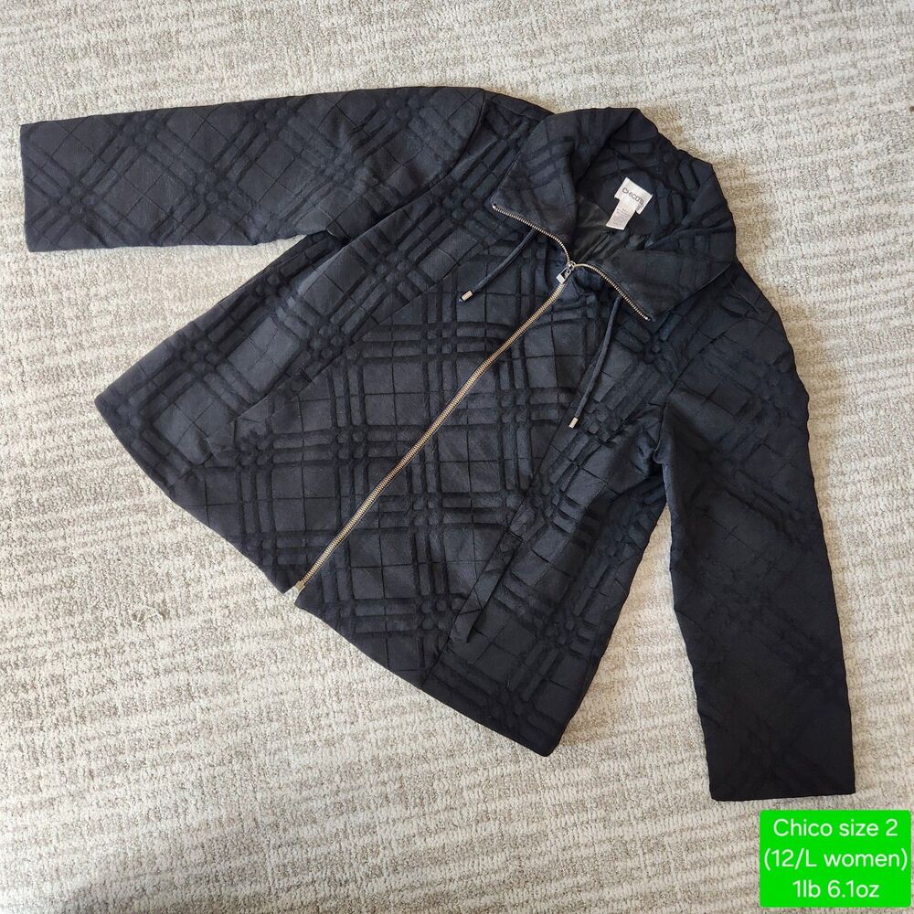 Chico's Black Plaid Textured Full Zip Jacket Size 2 (L 12/14) Geometric Check